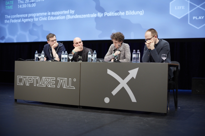 Picture of Felix Stadler, Matteo Pasquinelli, Antoinette Rouvroy and Evgeny Morozov (left to right) at "All Watched Over by Algorithms"