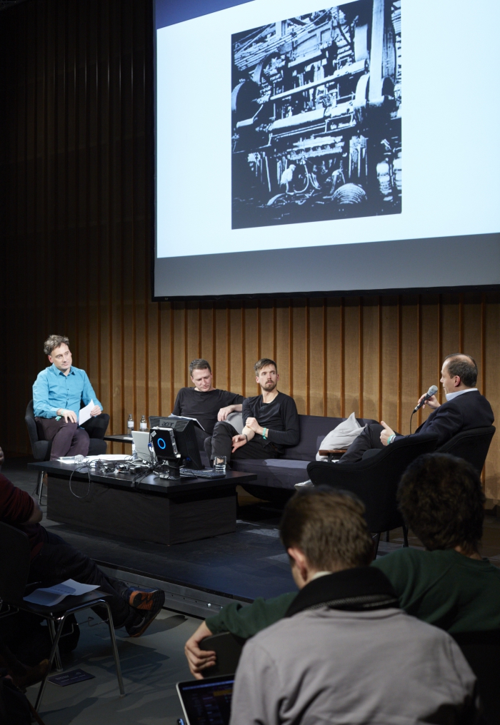 Picture of Jens Hauser, Paul Feigelfeld, Tuur Van Balen and Tobias Cheung (left to right) at "Made to Measure"