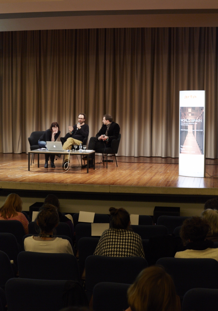 Picture of Gwenola Wagon, Stéphane Degoutin and Alain Bieber (left to right) at "ARTE Creative at transmediale: World Brain"