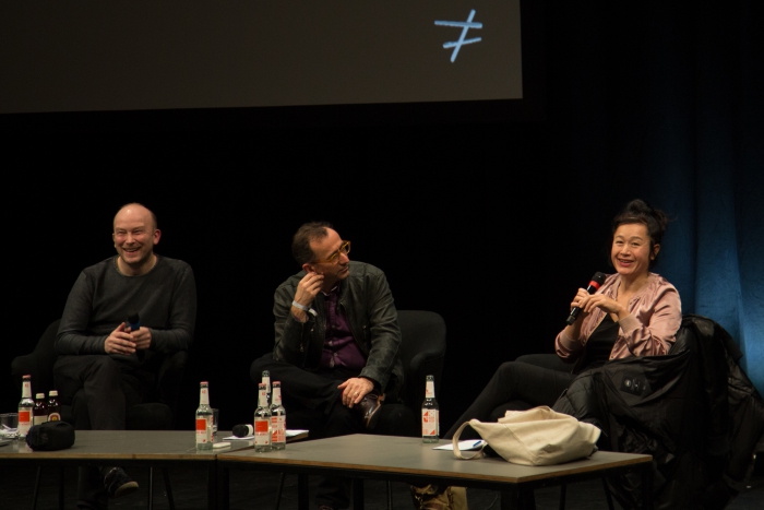 Picture of Keynote Conversation "Anxious to Act" with Oliver Lerone Schultz, Nicholas Mirzoeff and Hito Steyerl (left to right)
