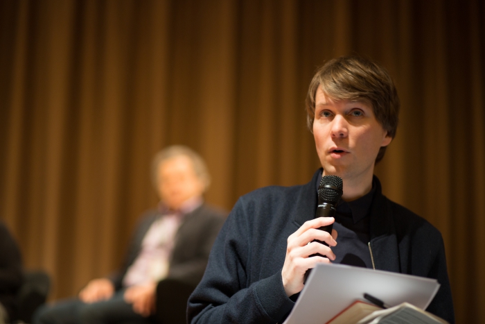 Picture of Kristoffer Gansing announcing the panel "MediaActs"