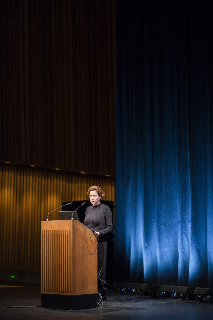 Picture of Teresa Dillon introducing the Keynote Converation "Anxious to Make"