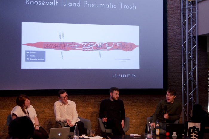 Picture of Lisa Baldini, Sam Hart, Stephen Fortune and Julian Oliver (left to right) at "The Digital Wasting Deception"