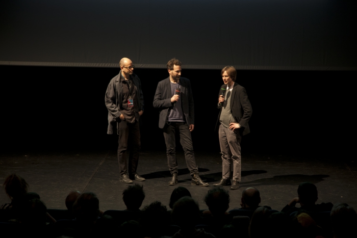 Picture of Robert Henke, Jan Rohlf and Kristoffer Gansing (left to right) introducing "Lumiére"