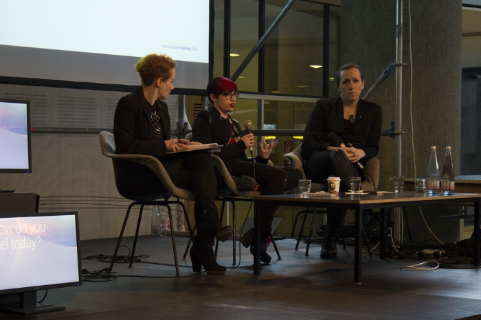 Picture of an artist talk with Diani Barreto, Eleanor Saitta and Penny Red (left to right)