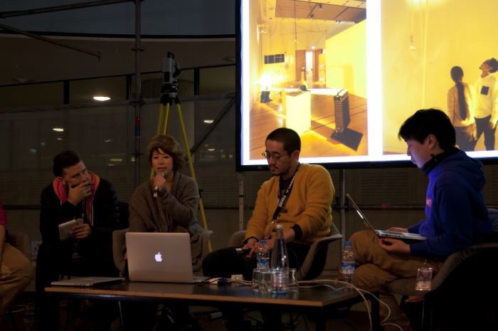 Picture of the artist talk with Tomoya Watanabe, Akihiko Taniguchi, Yuko Mohri and Gabin Ito