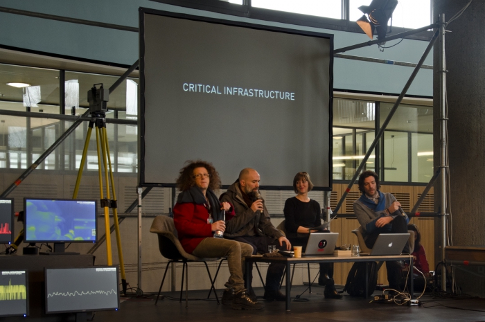Picture of Baruch Gottlieb, Jamie Allen, Erin La Cour and David Gauthier (left to right) at the presentation of "CRITICAL INFRASTRUCTURE"