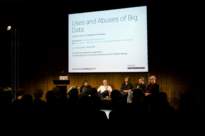 Picture of Paolo Ciria, Mark Coré, Kate Crawford, Max Hoppenstadt and Jussi Parikka (left to right) at "Uses and Abuses of Big Data"