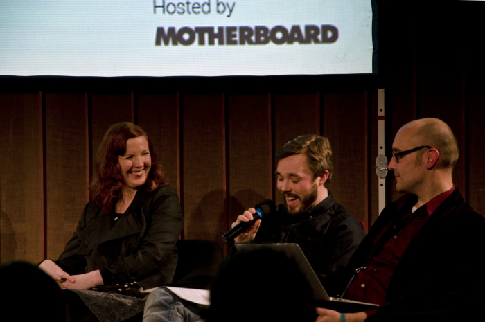 Picture of Kate Crawford, Max Hoppenstadt and Jussi Parikka (left to right) at "Uses and Abuses of Big Data"
