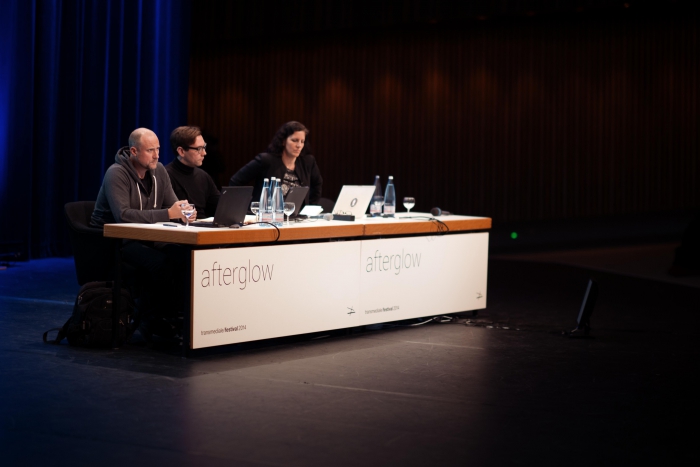 Picture of Trevor Paglen, Jacob Appelbaum and Laura Poitras (left to right) at "Keynote: Art as Evidence"