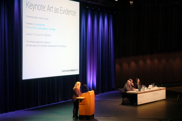 Picture of Tatiana Bazzichelli introducing "Keynote: Art as Evidence"