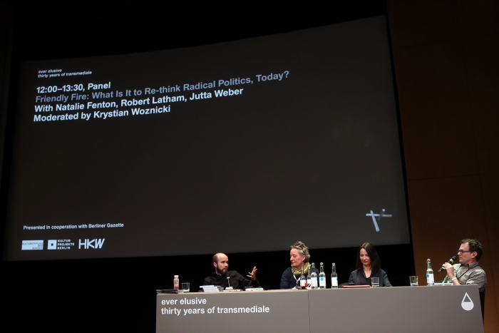 Krystian Woznicki, Jutta Weber, Natalie Fenton and Robert Latham at "Friendly Fire: What Is It to Re-think Radical Politics, Today?"