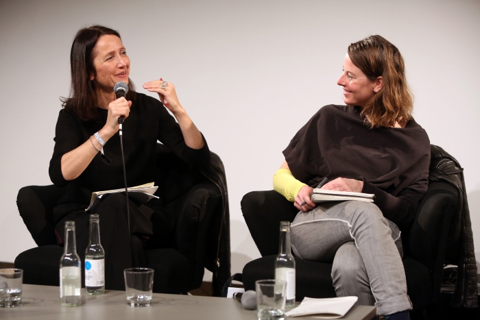 Natalie Fento (left) in conversation with Patricia Reed (right) at "Middle Session: The Middle to Come", transmediale 2017