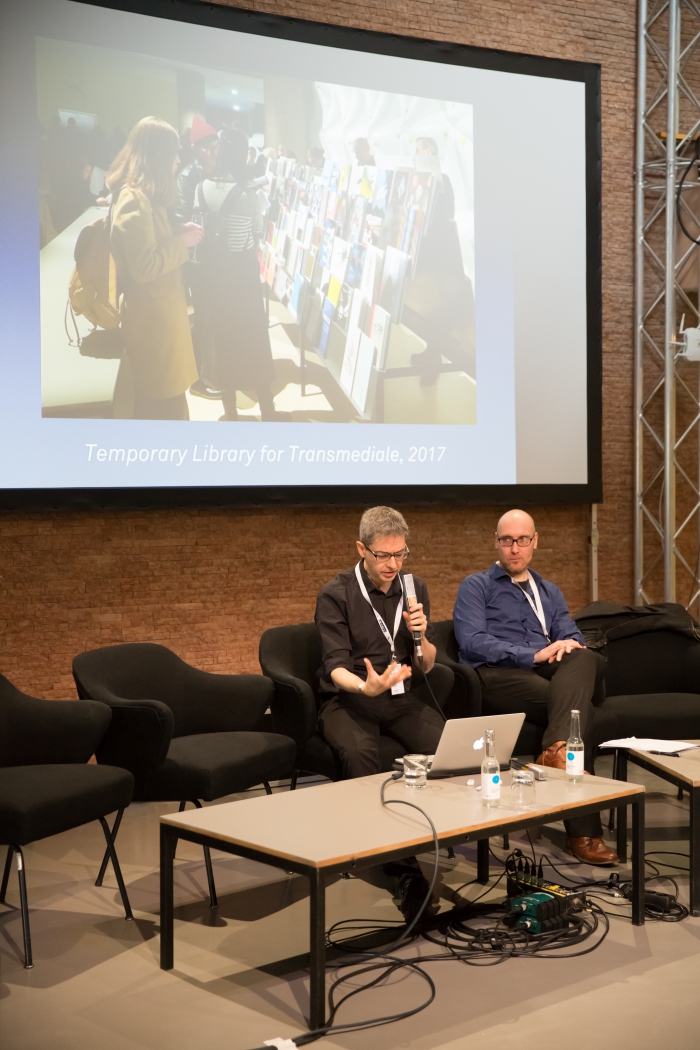 Alessandro Ludovico and Jussi Parikka at the talk "The Temporary Library", transmediale 2017