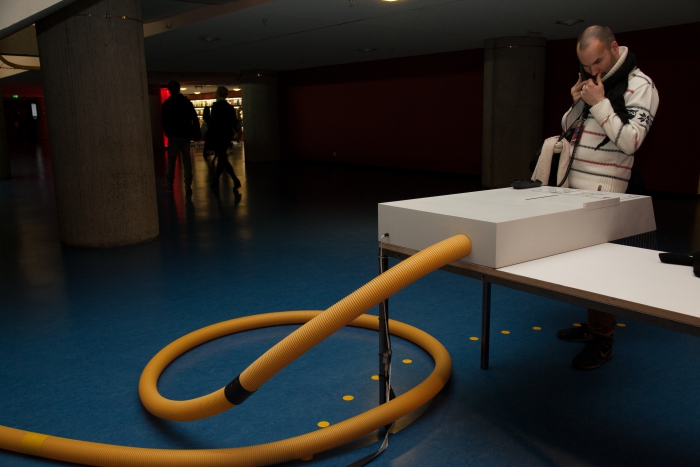 Impression of "OCTO P7C-1 Intertubular Pneumatic Packet Distribution System", transmediale 2013 BWPWAP.