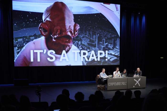 Picture of Ryan Bishop, Tobias Revell, Sarah Kember and Stephen Graham (left to right) at "Predict & Command Cities of Smart Control"