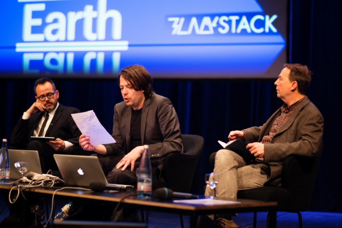 Picture of Benjamin H. Bratton, Metahaven and Ryan Bishop (left to right) at "Keynote: The Black Stack"