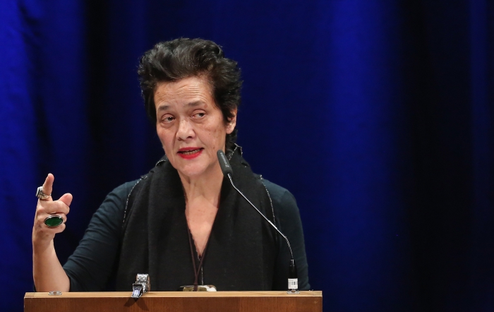 Françoise Vergès delivering her keynote "Politics of Forgetfulness" at transmediale 2018 face value