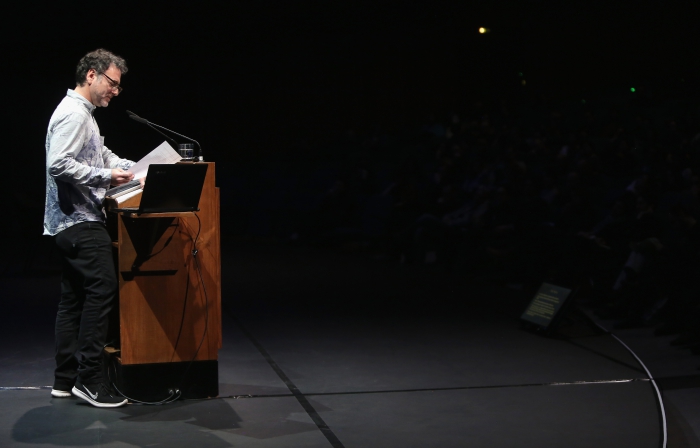 Jonathan Beller delivering his keynote "Derivative Living" at transmediale 2018 face value