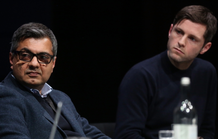Faisal Devji (left) and Nick Thurston (right) at the panel "The Weaponization of Language" at transmediale 2018 face value.