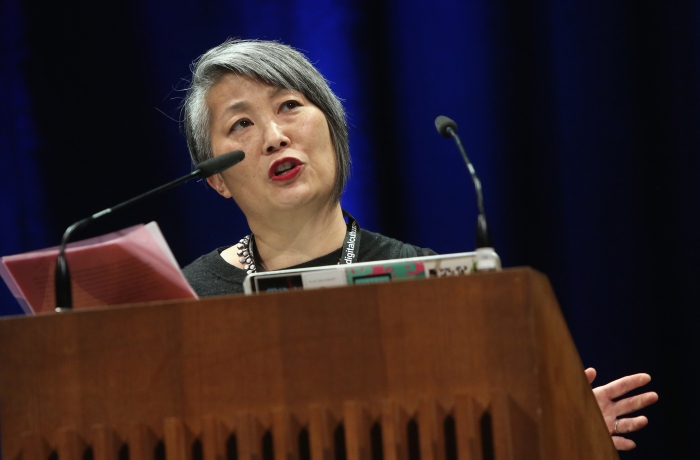 Lisa Nakamura delivering her keynote "Call Out, Protest, Speak Back"