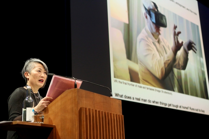 Lisa Nakamura delivering her keynote "Call Out, Protest, Speak Back" at transmediale 2018 face value