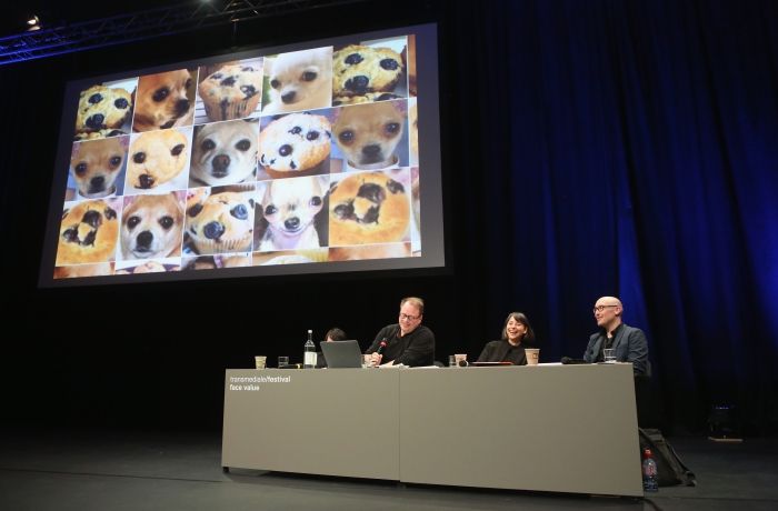 Impression of the panel "Biased Futures" at transmediale 2018 face value.