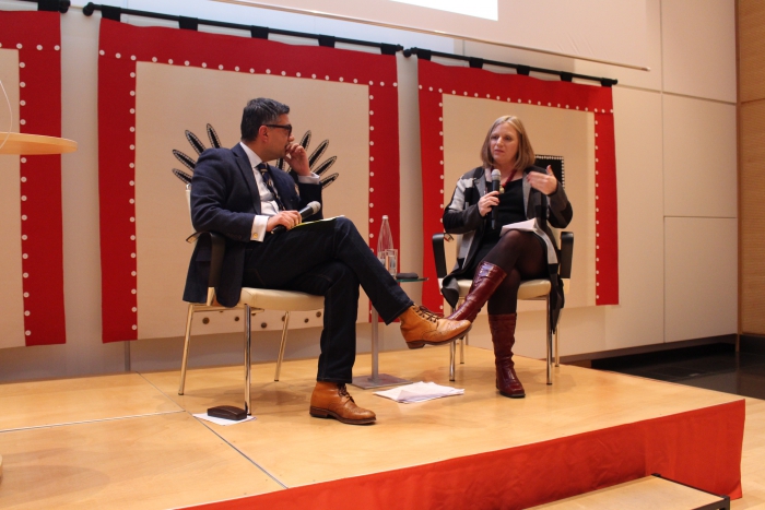 Faisal Devji (left) in conversation with Megan Boler (right) at the 2018 transmediale Marshall McLuhan Lecture