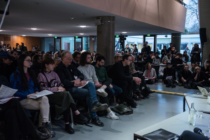 Audience at the panel "The Space In-Between: The Value of Interpretation and Interaction for the Next Generation Internet" at transmediale 2018 face value.
