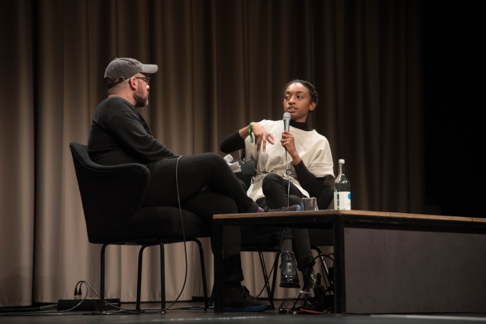 Zach Blas (left) and Aria Dean (right) at the pdiscussion "Reimagine the Internet: Affect, Velocity, Excess" at transmediale 2018 face value.