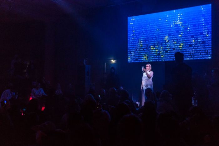 Marija Bozinovska Jones during her performance Fascia 18100619013 at transmediale 2019