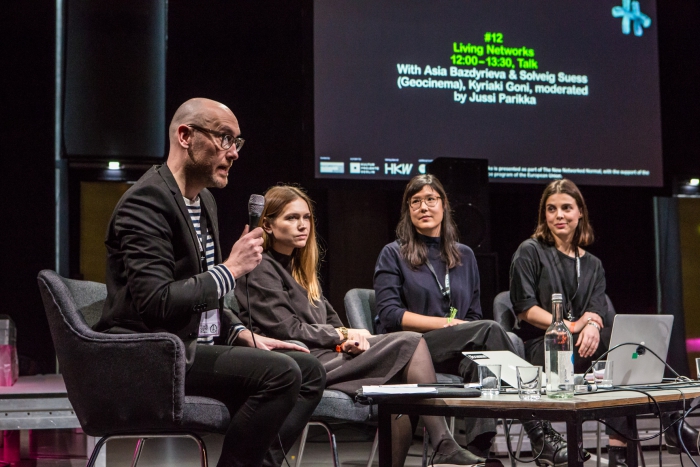 Jussi Parikka, Asia Bazdyrieva & Solveig Suess (Geocinema), and Kyriaki Goni (left to right) during the talk Living Networks