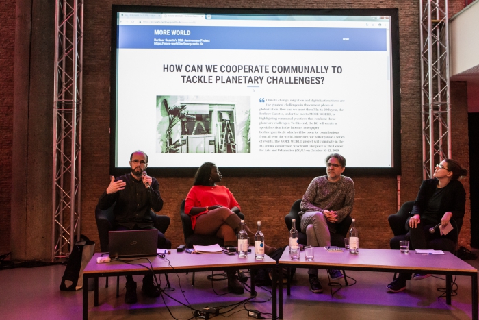 Krystian Woznicki, Abiol Lual Deng, Alexander Karschnia, and Magdalena Taube (left to right) during the talk MORE WORLD – Communal Tools for Planetary Challenges 